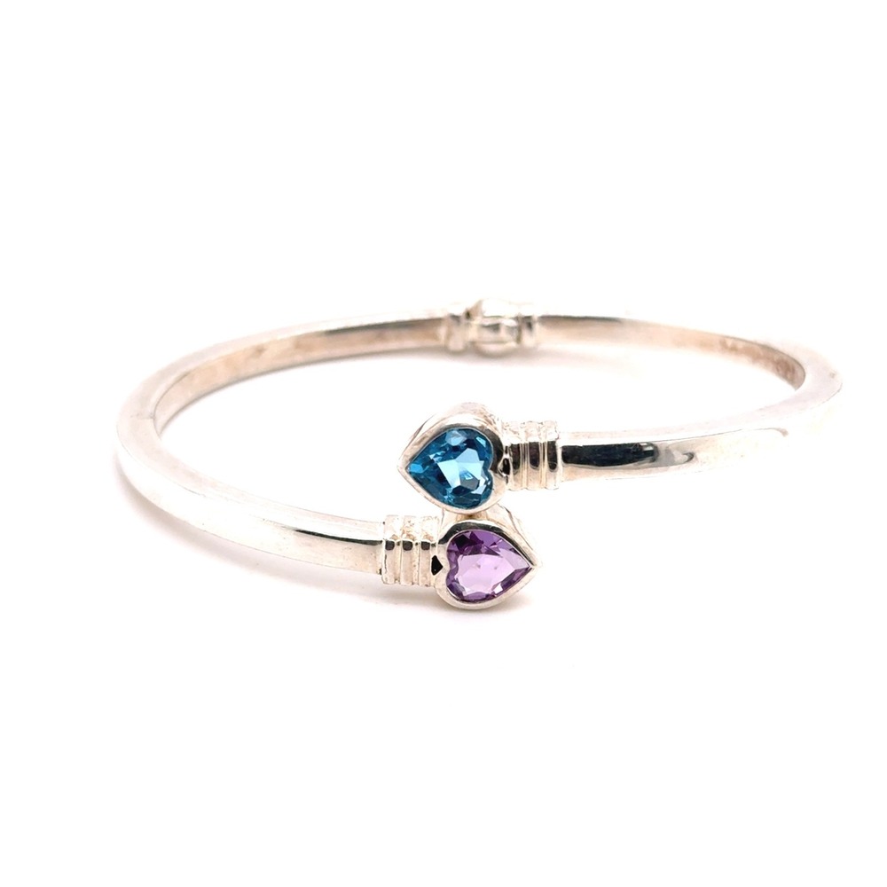 Sterling Silver 925 Heart Bypass Bangle Bracelet Blue Purple Gemstone 7"